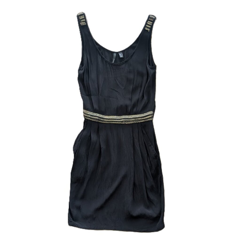 Sleeveless Black Mini Dress. Gold Sequin Shoulder/Waist Accents.  By Mango. Y2K